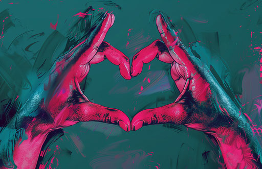 Heart shape with hands, dark teal and pink style