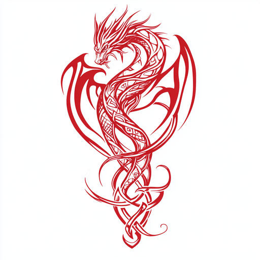 A beautiful flat tattoo sketch of tribal dragon intertwined with Celtic symbols on pure white background