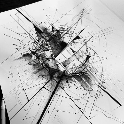 Dynamic geometric tattoo sketch with circular arrows on white canvas