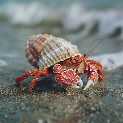 Hermit crab with a regal pose on the shore