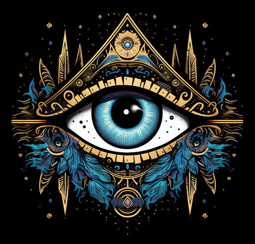 Black and blue all seeing eye with crescent moon symbol
