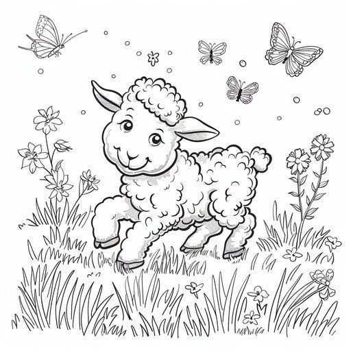 A cute lamb playing in a green meadow with butterflies