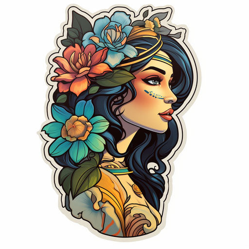 Girl with flowers, tattoo sticker, Egyptian art style, bold traditional