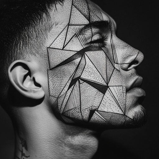 Facial tattoos for men with a geometric design of sharp lines
