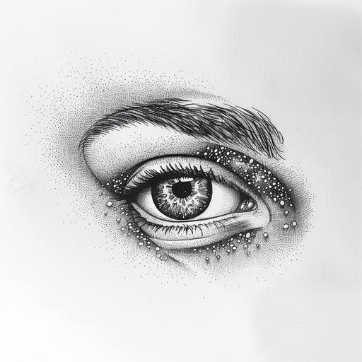 Stylized human eye with cosmic galaxy in dotwork