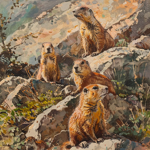 Prairie dogs on rocky hillside