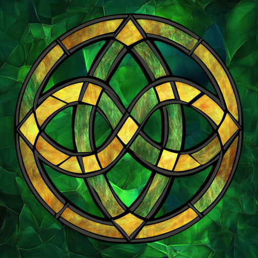 Celtic Triquatra symbol, stained glass style, green background