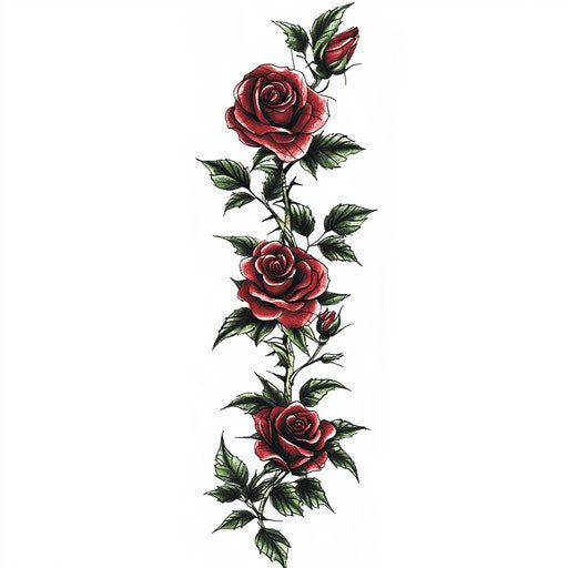 Female arm tattoo with rose and vine on white background