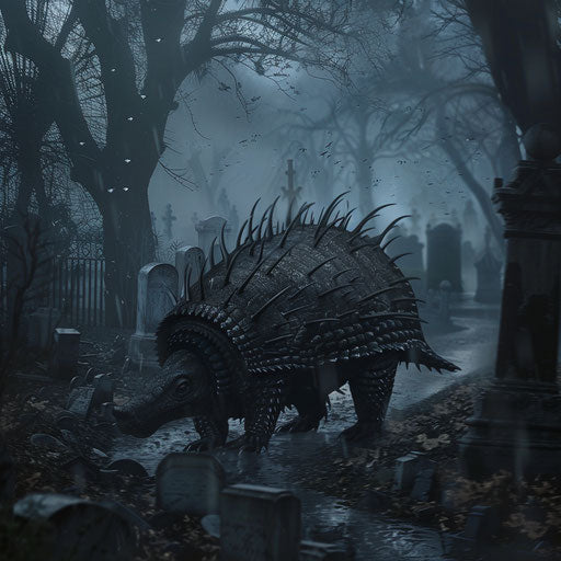 A gothic armadillo wandering through a misty graveyard at night