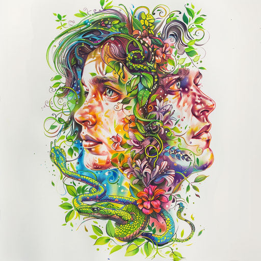 Colorful Garden of Eden design with Adam, Eve, serpent