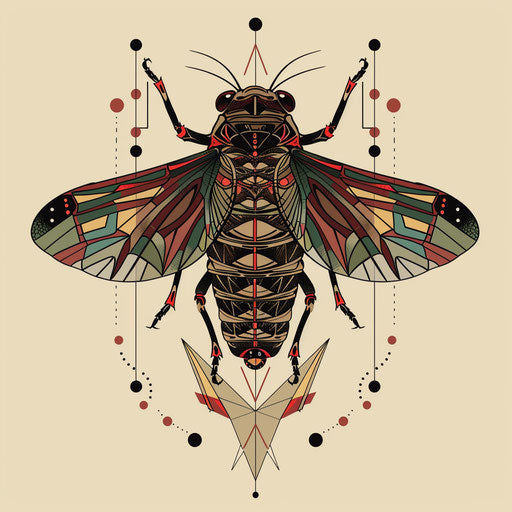 Artistic sketch of cicada with abstract geometric patterns