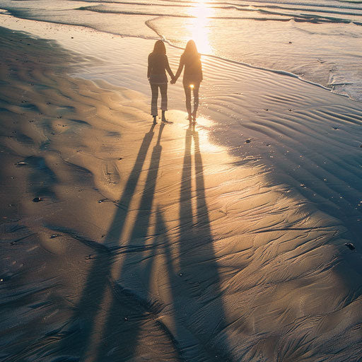Couple's shadows walking hand in hand towards the sunset