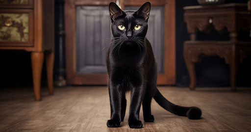 A black cat on the carpet in an apartment