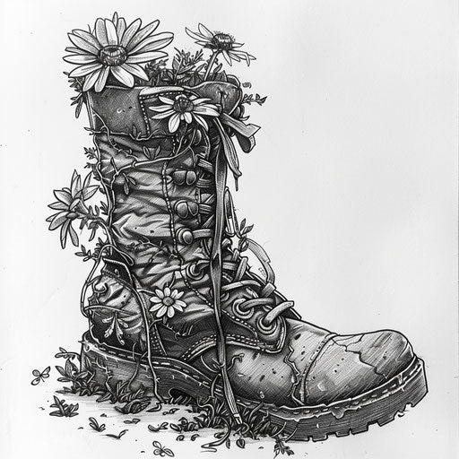Detailed black ink drawing of a military boot with wildflowers growing out, life and death, on white paper