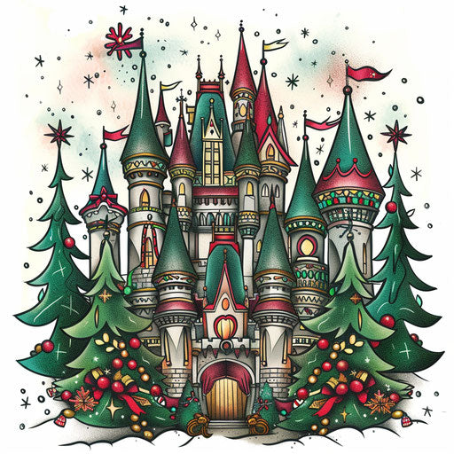 Festive castle with holiday decorations and lights