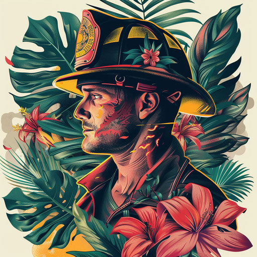 Exotic flat tattoo sketch of a firefighter in a tropical setting