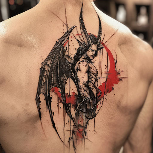 Bold flat sketch of Lucifer with dramatic black and red contrasts