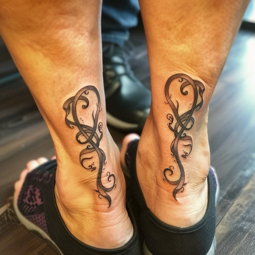 Mother-daughter infinity matching tattoos in Ami James style ankle