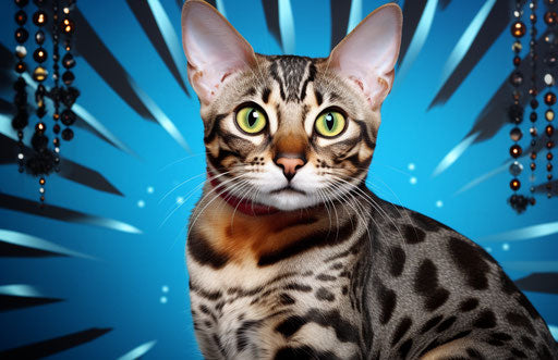 Bengal cat with large silver eyes on blue background