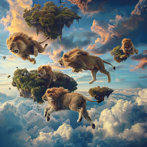 Floating lions on celestial islands