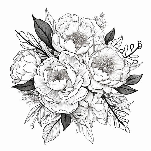 Black and white peony doodle, botanical elegance