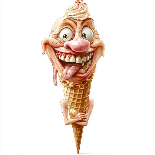 Humorous caricature of an ice cream cone with human characteristics