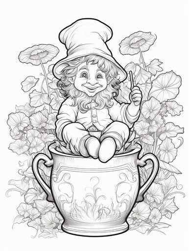 Leprechaun coloring pages for kids with pot of gold, in the style of Gustave Doré, Cathy Wilkes, Craig McCracken, colorful animation stills, simple line drawings 3:4