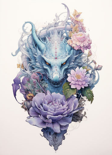 Dragon flying among a bunch of flowers, intricate illustrations style