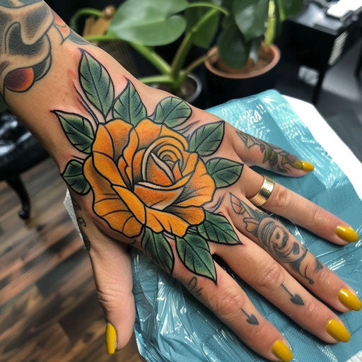 Rose hand tattoo in the style of Steve McNiven with a comic book rose