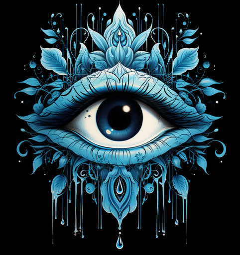 Eye surrounded by lotus floral design, light black and azure