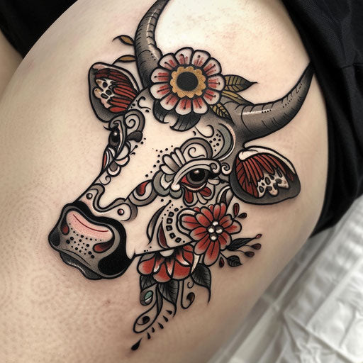Neo-traditional cow tattoo with intricate detailing
