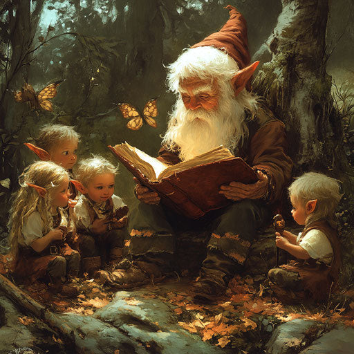 Gnome storyteller reading from ancient book to captivated elves