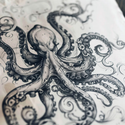 Gothic-inspired kraken tattoo with baroque elements