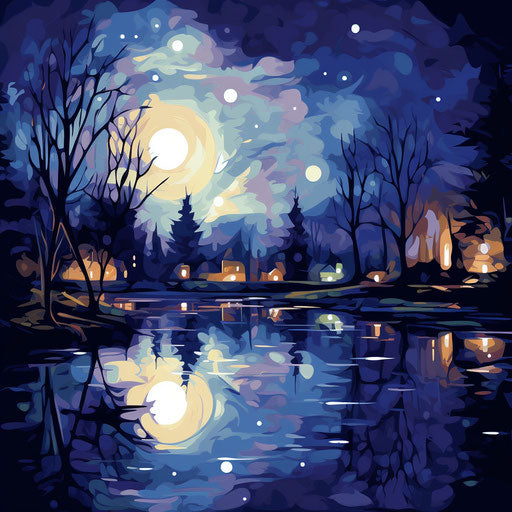 Nighttime illustration in the style of oil painting, on white background