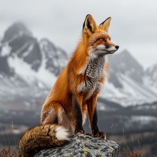 Red fox on backdrop of rugged mountains, majestic