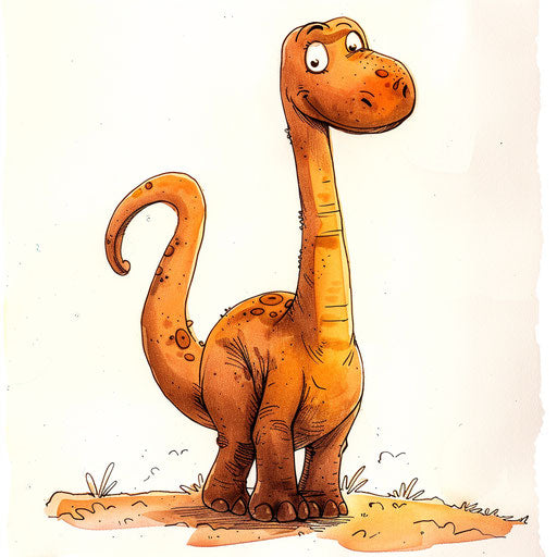 Concept art for a cartoonish dinosaur tattoo, showing a friendly diplodocus on white canvas