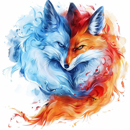 Fox tattoo design mixing fire and ice on white background