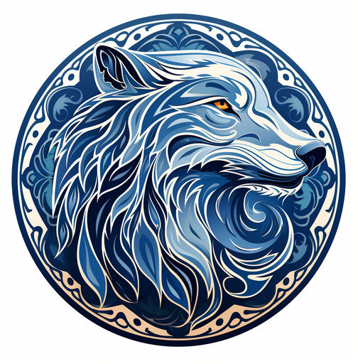 Howling wolf logo with blue tribal motifs in a circle
