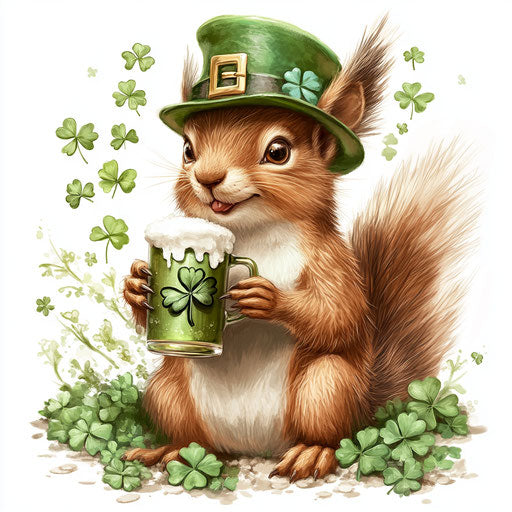 St. Patrick's Day squirrel with hat, beer mug, clovers. White background. Digital art in various artistic styles.
