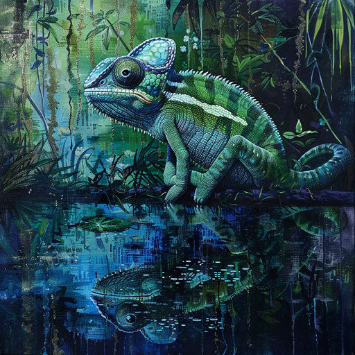 Chameleon by a freshwater pond, reflecting the greens and blues of the water and foliage.