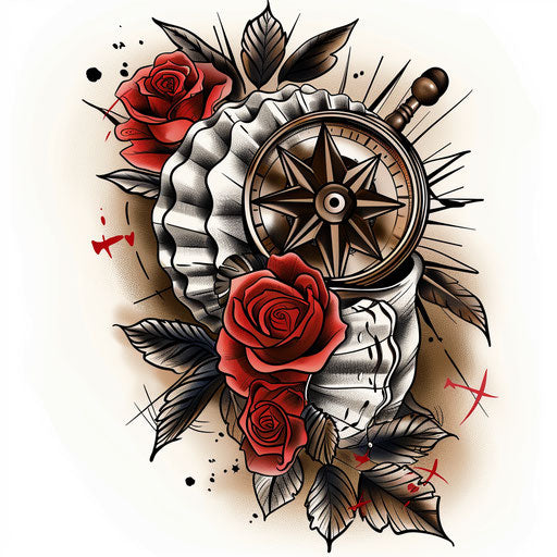 Traditional tattoo sketch of shell with sailor roses and compass, red and black