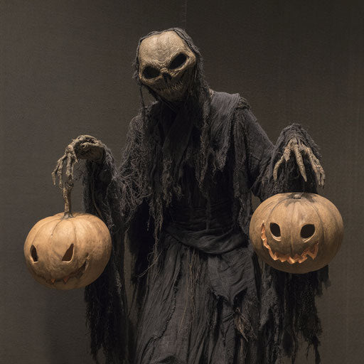 Dark entity holding illuminated jack-o'-lanterns