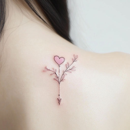 Back shoulder tattoo heart arrow on white background
