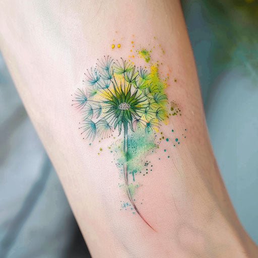 Watercolor-style dandelion tattoo with vibrant colors