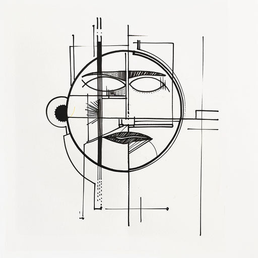 Abstract geometric smiley face tattoo concept, bold lines, on white canvas