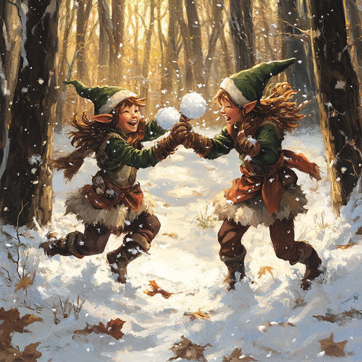 Snowball fight between two elves in winter air