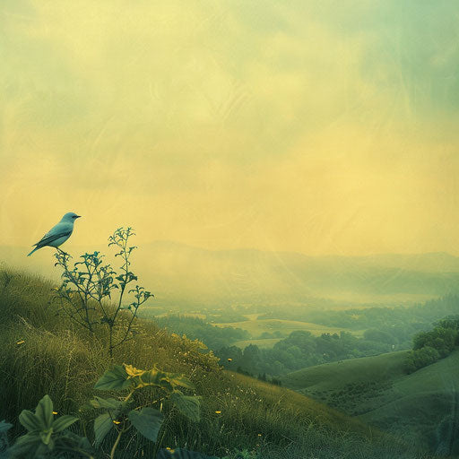 Bluebird in a serene landscape with a poetic feel