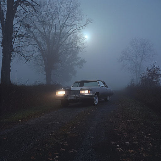 Haunted Cadillac emerging from fog under full moon