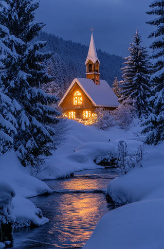 Winter Christmas scene with snow-covered pine trees and old church