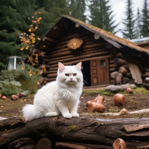 White cat sitting in front of a log cabin